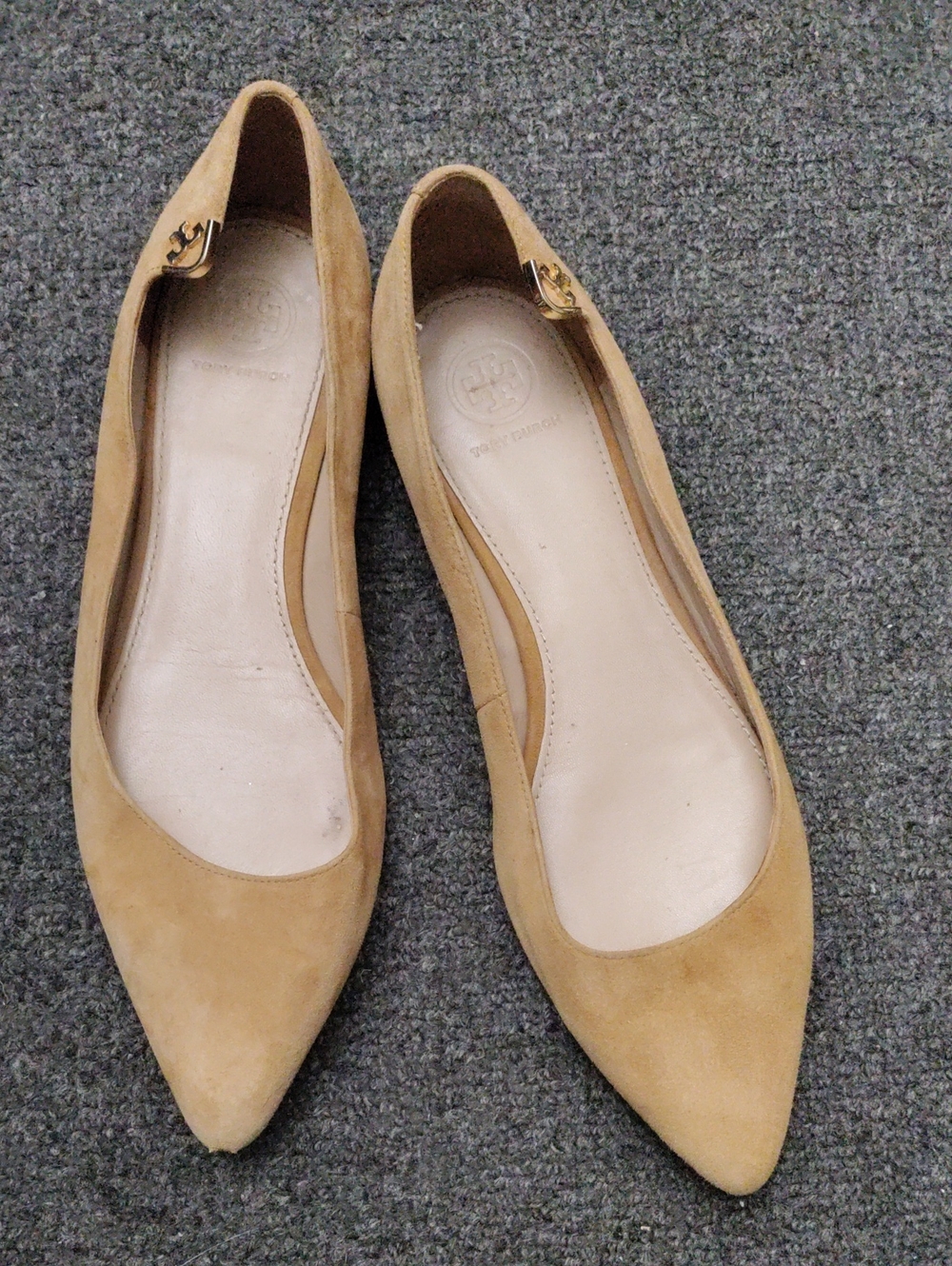 Tory Burch Camel/Tan Pointed Suede Ballet Flats with Logo Accent